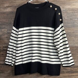 Talbots Black and White Striped Sweater with Gold Button Detail